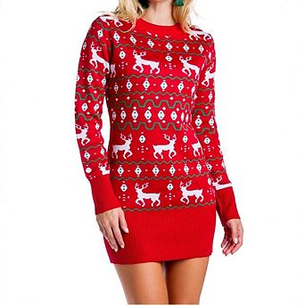 Women Ugly Christmas Sweater Fair Isle Sweater Dress Crew Neck Holiday Knitted Mini Tunic Dress