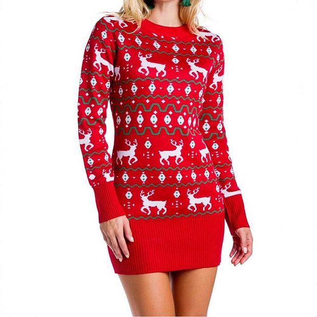Women Ugly Christmas Sweater Fair Isle Sweater Dress Crew Neck Holiday  Knitted Mini Tunic Dress