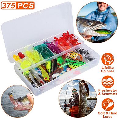 375pcs Fishing Lures Tackle Box Saltwater & Freshwater Baits Kit with Crankbaits, Frogs & Spoons