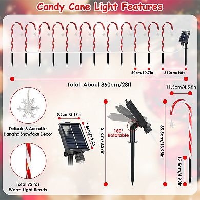 Solar Christmas Candy Cane Lights 12-Pack 72 LED Flickering Outdoor Pathway Decor, 8 Modes
