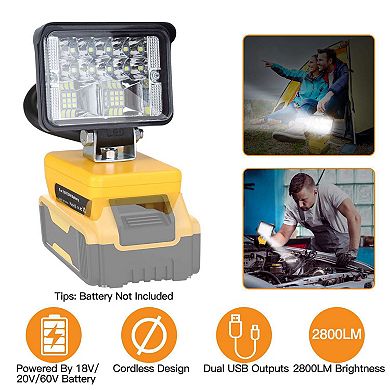 Cordless LED Work Light 12W 2800LM, Floodlight for DeWalt 18V/20V/60V Battery with Dual USB Ports