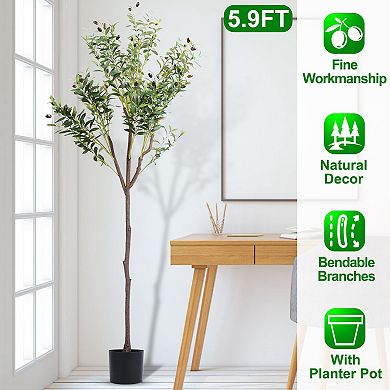 5.9FT Artificial Olive Tree Faux Potted Plant with Lush Branches & Fruits, Black Planter