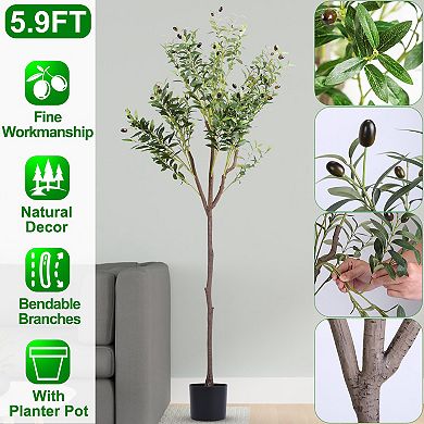 5.9FT Artificial Olive Tree Faux Potted Plant with Lush Branches & Fruits, Black Planter