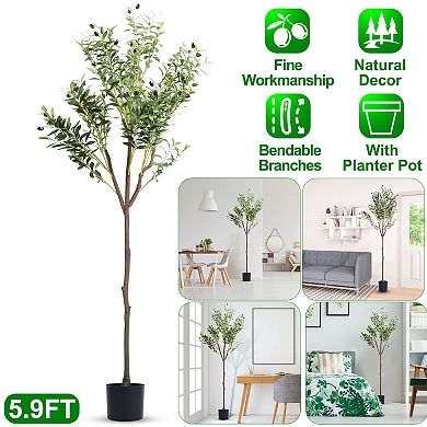 5.9FT Artificial Olive Tree Faux Potted Plant with Lush Branches & Fruits, Black Planter