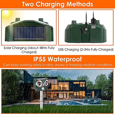 Solar Ultrasonic Animal Repeller Motion Sensor, IP55 Waterproof for Farm, Garden & Yard