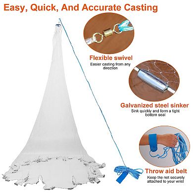 6ft Radius Fishing Cast Net Heavy-Duty Bait Trap with Chain Sinker for Easy Throw & Wide Spread