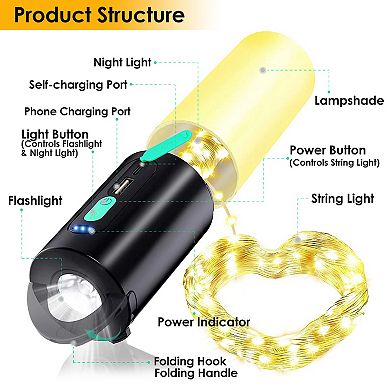 4-in-1 Rechargeable Camping Lantern with 33Ft String Light, 7 Modes, IP44 Waterproof & Power Bank