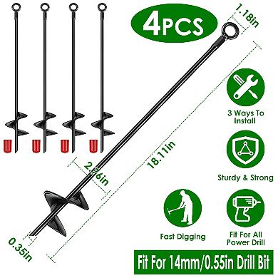 4-Pack Heavy Duty Ground Auger Stakes 2.76in Spiral Drill Bits for Soil, Planting & Gardening