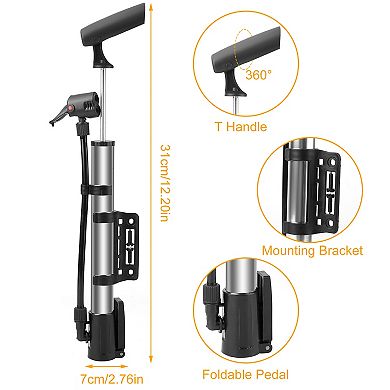 Mini Bike Pump Portable Bicycle Tire Inflator with Frame Mount for Road & Mountain Bikes