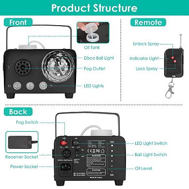 600W Fog Machine with Disco Ball & RGB Lights 6000CFM, 8 Color Effects, Remote Control for Parties