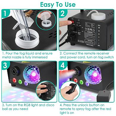 600W Fog Machine with Disco Ball & RGB Lights 6000CFM, 8 Color Effects, Remote Control for Parties