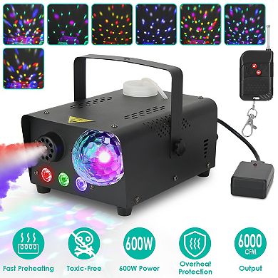 600W Fog Machine with Disco Ball & RGB Lights 6000CFM, 8 Color Effects, Remote Control for Parties
