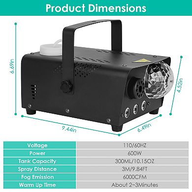 600W Fog Machine with Disco Ball & RGB Lights 6000CFM, 8 Color Effects, Remote Control for Parties