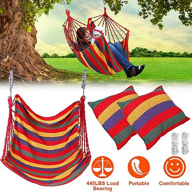 440lbs Hammock Hanging Chair Canvas Swing with 2 Pillows, Portable Seat