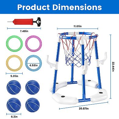 Summer Pool Basketball Hoop Set Floating Water Game with Balls, Circles & Pump for Kids 3-12