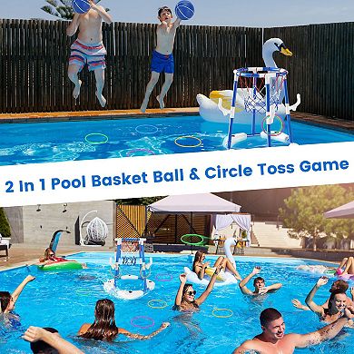 Summer Pool Basketball Hoop Set Floating Water Game with Balls, Circles & Pump for Kids 3-12