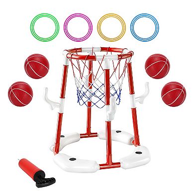 Summer Pool Basketball Hoop Set Floating Water Game with Balls, Circles & Pump for Kids 3-12