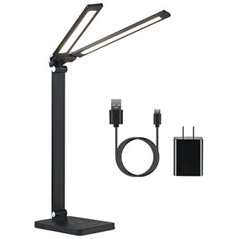 Double Head Desk Lamp with Wireless & USB Charging, 5 Colors, 5 Brightness, Eye-Caring, Foldable