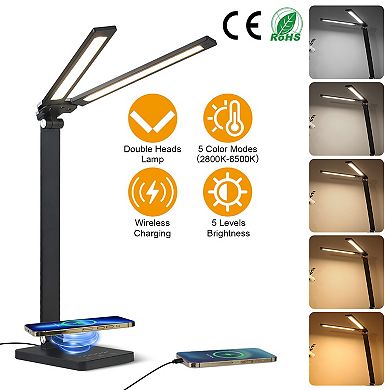 Double Head Desk Lamp with Wireless & USB Charging, 5 Colors, 5 Brightness, Eye-Caring, Foldable