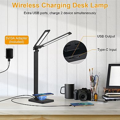 Double Head Desk Lamp with Wireless & USB Charging, 5 Colors, 5 Brightness, Eye-Caring, Foldable