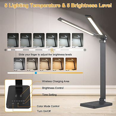 Double Head Desk Lamp with Wireless & USB Charging, 5 Colors, 5 Brightness, Eye-Caring, Foldable