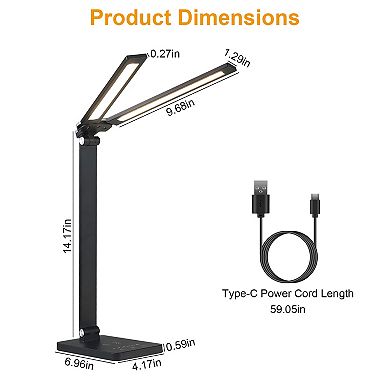 Double Head Desk Lamp with Wireless & USB Charging, 5 Colors, 5 Brightness, Eye-Caring, Foldable