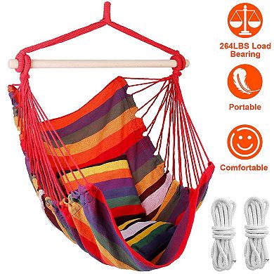 Portable Hammock Hanging Chair Canvas Swing with Wooden Stick & 2 Pillows