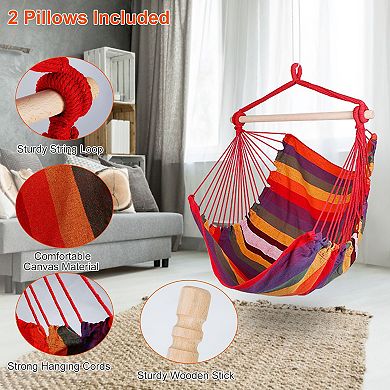 Portable Hammock Hanging Chair Canvas Swing with Wooden Stick & 2 Pillows
