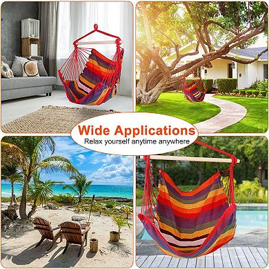 Portable Hammock Hanging Chair Canvas Swing with Wooden Stick & 2 Pillows