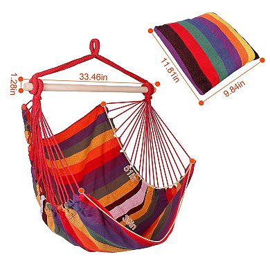 Portable Hammock Hanging Chair Canvas Swing with Wooden Stick & 2 Pillows