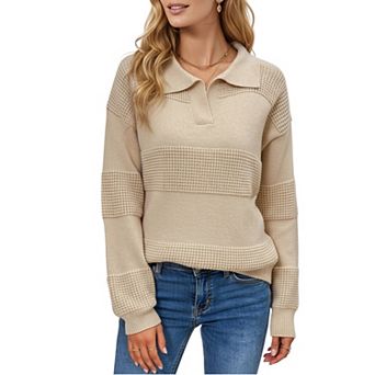 Women's Textured Stripe Knit Pullover Sweater with Polo Collar