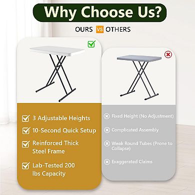Folding Table 30 Inch Small Desk Adjustable Height TV Tray for Laptop Couch Camping