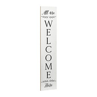 Parisloft Farmhouse All Are Welcome Here Vertical White Wood Wall Plaque, Large Welcome Sign