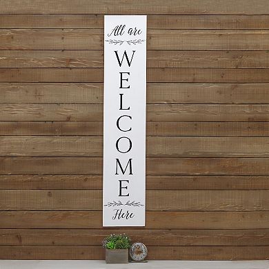 Parisloft Farmhouse All Are Welcome Here Vertical White Wood Wall Plaque, Large Welcome Sign