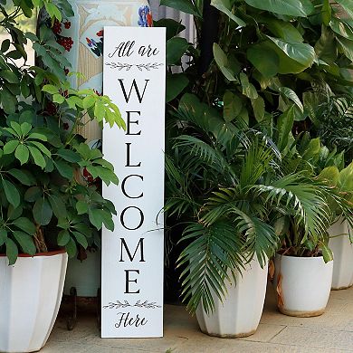 Parisloft Farmhouse All Are Welcome Here Vertical White Wood Wall Plaque, Large Welcome Sign