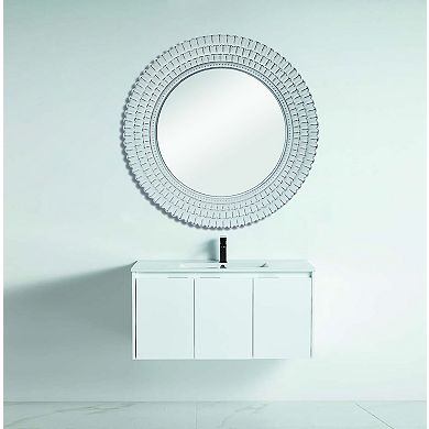 Parisloft 31.5" Round Distressed White Wood Wall Telescope Mirror, Farmhouse Rustic Circle Mirror