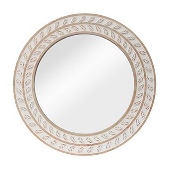 Parisloft 31.5-Inch Round Natural and White Wood Wall Mirror, Farmhouse Rustic Two-Tone Finish