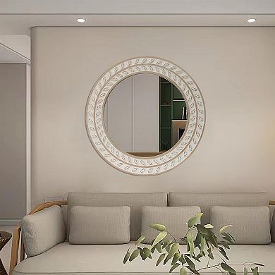 Parisloft 31.5-Inch Round Natural and White Wood Wall Mirror, Farmhouse Rustic Two-Tone Finish