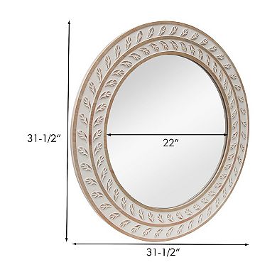 Parisloft 31.5-Inch Round Natural and White Wood Wall Mirror, Farmhouse Rustic Two-Tone Finish