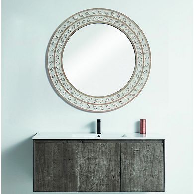Parisloft 31.5-Inch Round Natural and White Wood Wall Mirror, Farmhouse Rustic Two-Tone Finish