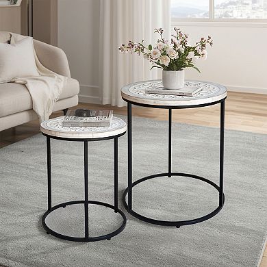 Parisloft Farmhouse Round Nesting Side Table Set of 2，Black and White