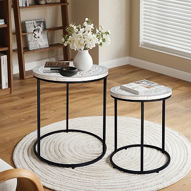Parisloft Farmhouse Round Nesting Side Table Set of 2，Black and White