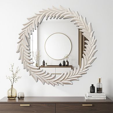 Parisloft Decorative Wood Wall Mirror with Classic White Wreath, 29.5 inches