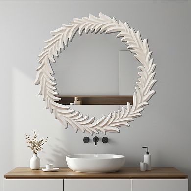 Parisloft Decorative Wood Wall Mirror with Classic White Wreath, 29.5 inches