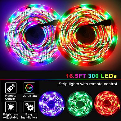 300-LED Strip Lights 5M (16.5ft) 20 Colors RGB, IP65 Waterproof with Remote Control