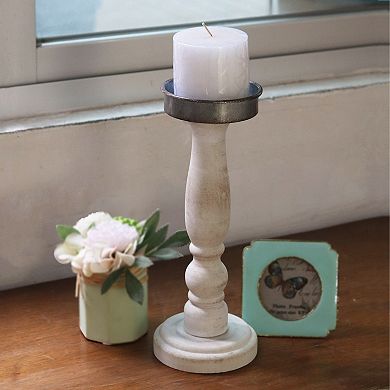 Parisloft Round Wood Pillar Candle Holder with Metal Plate, White, 11.25"H