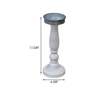 Parisloft Round Wood Pillar Candle Holder with Metal Plate, White, 11.25"H
