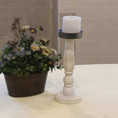 Parisloft Round Wood Pillar Candle Holder with Metal Plate, White, 11.25"H