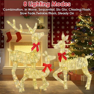 3PCS 2D Lighted Christmas Deer Family Set Indoor/Outdoor Reindeer Decor with 8 Light Modes