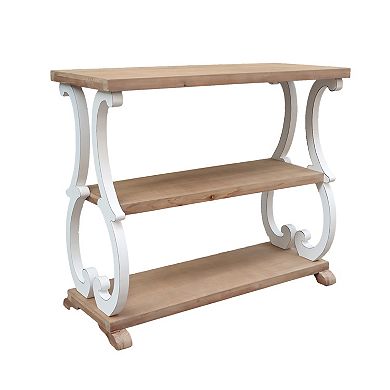 Parisloft Farmhouse Rustic 3-Tier Shelved, Curved Legs Console Table, Natural Wood/White